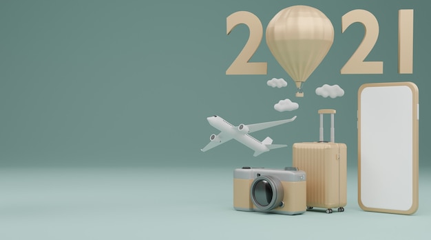 Felice anno nuovo 2021: mockup mobile con schermo bianco con aeroplano