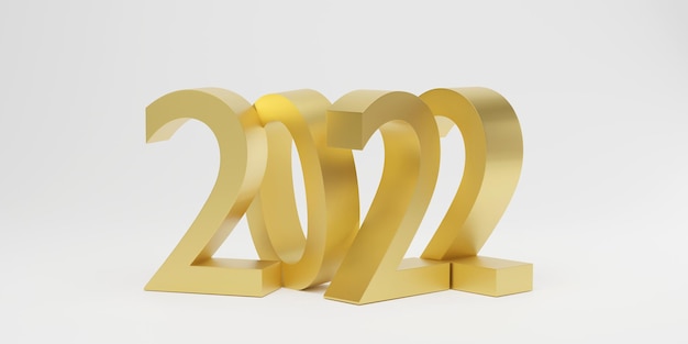 Felice Anno Nuovo 2022. Numeri 3D d'oro su sfondo bianco. Illustrazione 3D, rendering 3D