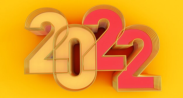 Felice Anno Nuovo 2022. Rendering 3D dell'anno 2022 rosso e giallo isolato su sfondo giallo