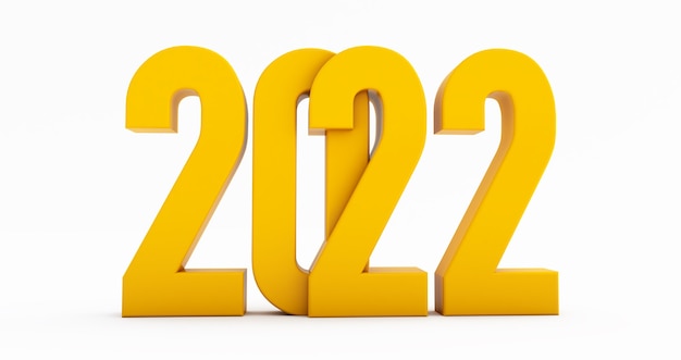 Felice Anno Nuovo 2022. Rendering 3D dell'anno giallo 2022 isolato su sfondo bianco