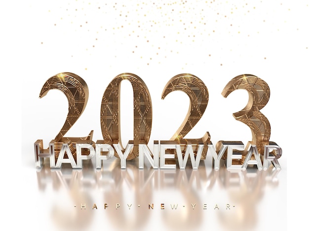 Felice anno nuovo 2023 con effetto dorato e bianco concetto di rendering 3d per il design dello sfondo