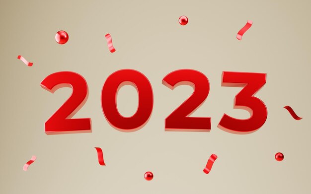 Felice anno nuovo 2023 con rosso metallico e coriandoli 3d render concept per il festival delle vacanze