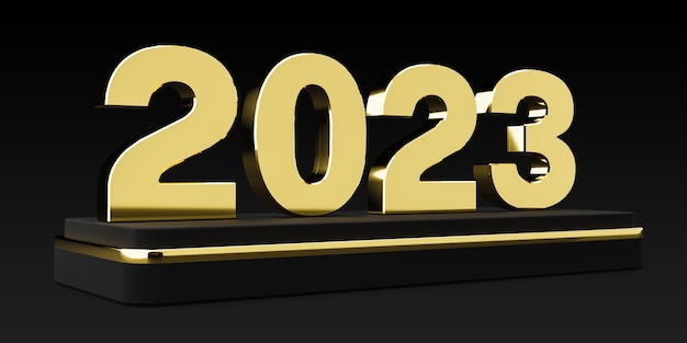 felice anno nuovo 2023 oro sul podio con sfondo nero rendering 3d