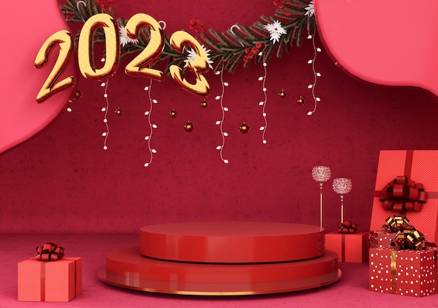 Felice anno nuovo 2023 testo tipografia design con podio