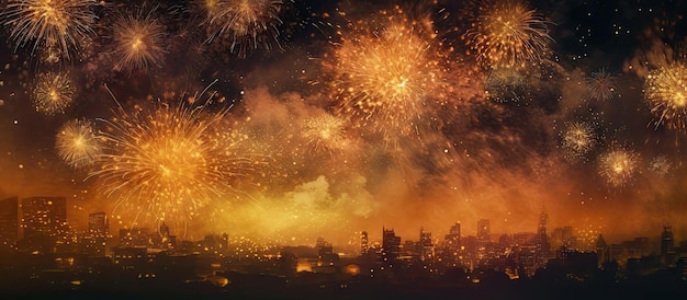 FELICE ANNO NUOVO 2024 Celebrazione Capodanno Silvester 2024 vacanza sfondo panorama cartolina d'auguri Fuochi d'artificio d'oro fuochi d'artificio pirotecnici sul cielo notturno scuro