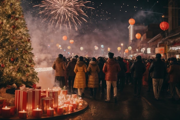 Felice anno nuovo 2024 celebrazione e la gente concetto di gruppo di amici sorridenti e fuochi d'artificio