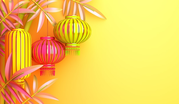 Felice anno nuovo cinese decorazione con lanterna e bambù