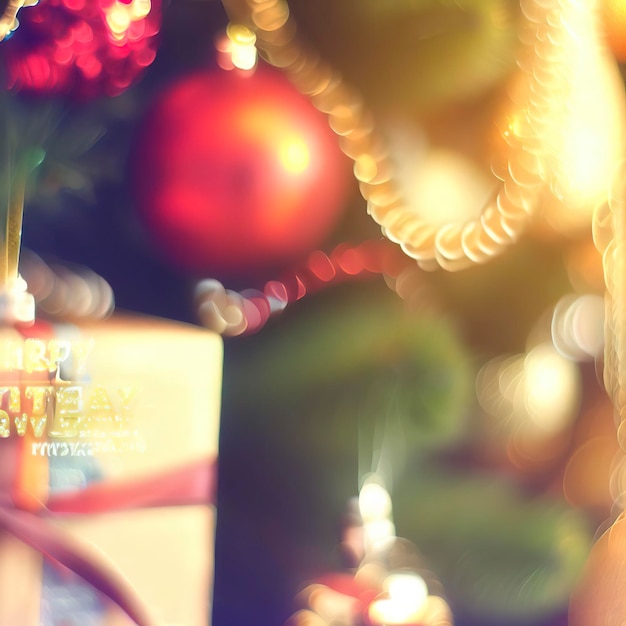 Felice anno nuovo e ornamenti sull'albero di Natale con confezione regalo sfocata e messa a fuoco morbida