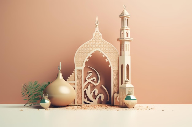 Felice anno nuovo islamico nuovo anno lunare Hijri con podio d'oro a mezzaluna Moschea lanterna araba 1440 Poster fotografico creativo o banner biglietto di auguri copia spazio Luna