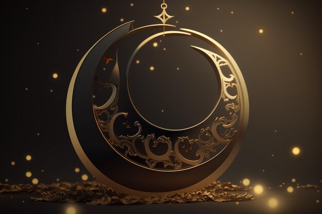 Felice anno nuovo islamico nuovo anno lunare Hijri con podio d'oro a mezzaluna Moschea lanterna araba 1440 Poster fotografico creativo o banner biglietto di auguri copia spazio Luna