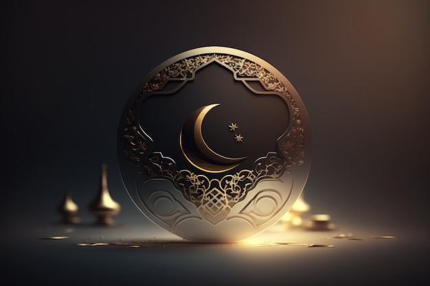 Felice anno nuovo islamico nuovo anno lunare Hijri con podio d'oro a mezzaluna Moschea lanterna araba 1440 Poster fotografico creativo o banner biglietto di auguri copia spazio Luna