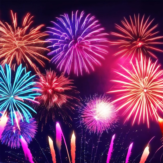 Felice anno nuovo notte fuochi d'artificio sfondo colorato e carta da parati