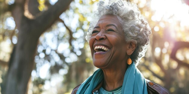 Felice anziana donna nera con i capelli grigi e la sciarpa che si gode una giornata di sole nel parco