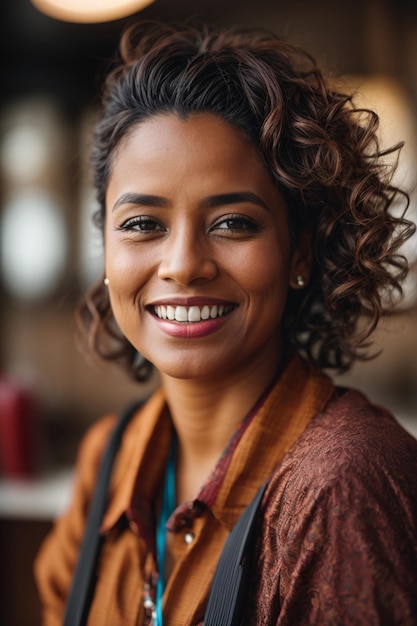 felice assistente sociale femminile che guarda l'obbiettivo