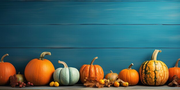 Felice autunno Halloween vacanza autunno ringraziamento striscione biglietto di auguri zucche su tavolo di legno rustico con sfondo a parete blu