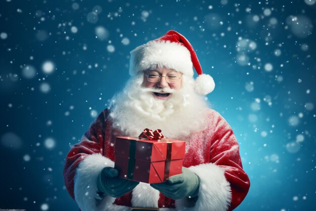 Felice Babbo Natale che apre la confezione regalo di Natale su sfondo blu innevato