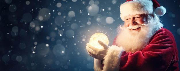 Felice Babbo Natale che tiene una palla di Natale luminosa su uno sfondo blu sfocato