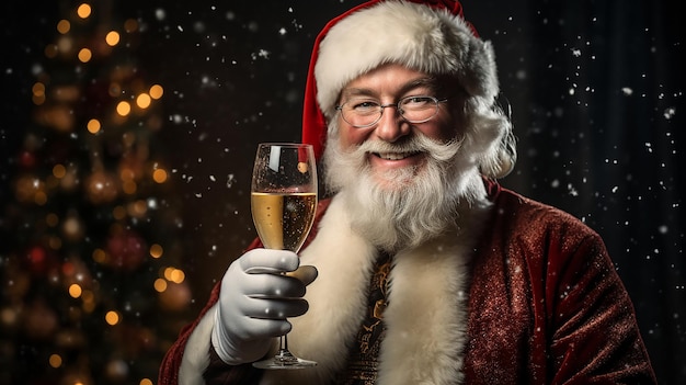 Felice Babbo Natale con gli occhiali che tiene un bicchiere di champagne guardando la telecamera