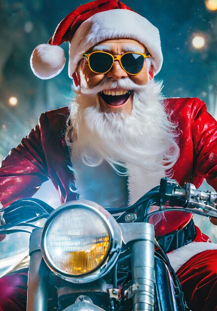 felice Babbo Natale con gli occhiali da sole che guida una moto