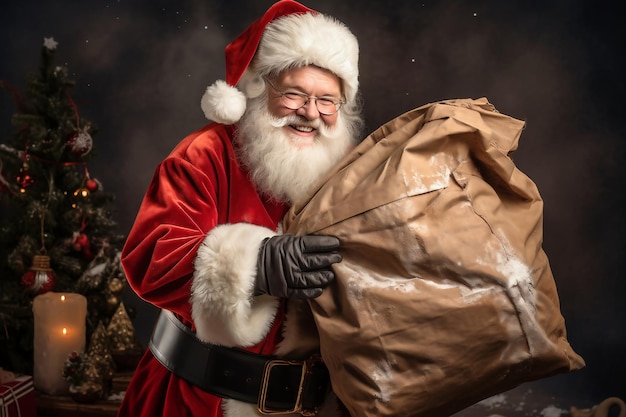 Felice Babbo Natale con un grande sacco di regali per i bambini sullo sfondo dell'albero di Natale Buon Natale Capodanno concetto Immagine luminosa di Babbo Natale per la pubblicità e il design