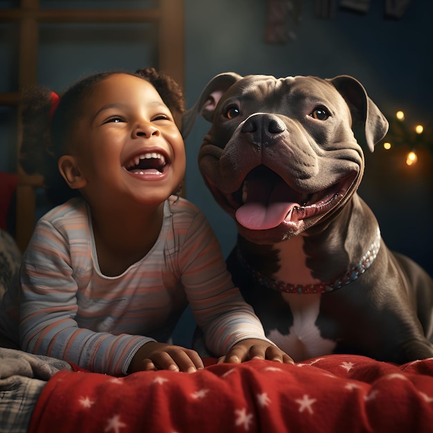 Felice bambina afroamericana con il suo cane pitbull sdraiato sul letto Ai generativa