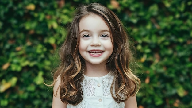 Felice bambina bruna dai capelli lunghi isolata su uno sfondo bianco con copyspace
