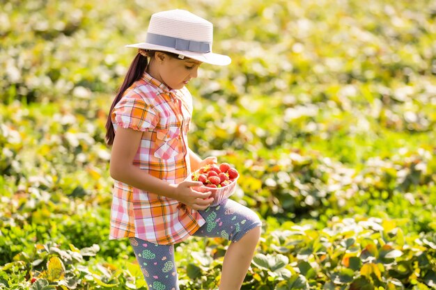 felice bambina che raccoglie e mangia fragole in una piantagione