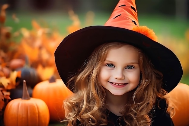 Felice bambina in costume di strega e trucco che si diverte nella celebrazione di Halloween