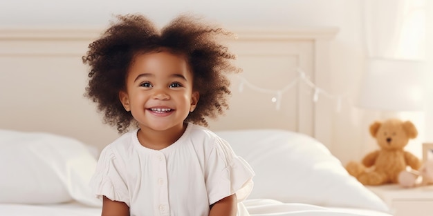 Felice bambina nera seduta sul letto che guarda l'obbiettivo e sorride nella camera da letto a casa Banner pubblicitario con bambino carino in posa Panorama interno con spazio di copia per il tuo testo