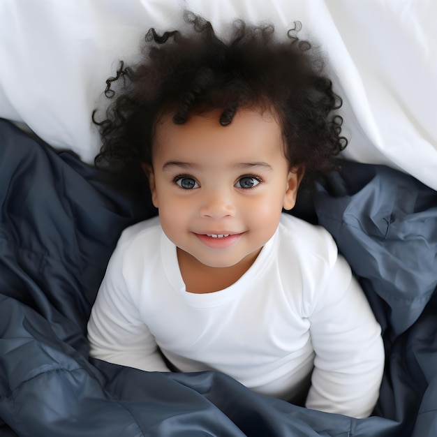 Felice bambino africano con graziosi capelli ricci scuri è sdraiato sul letto