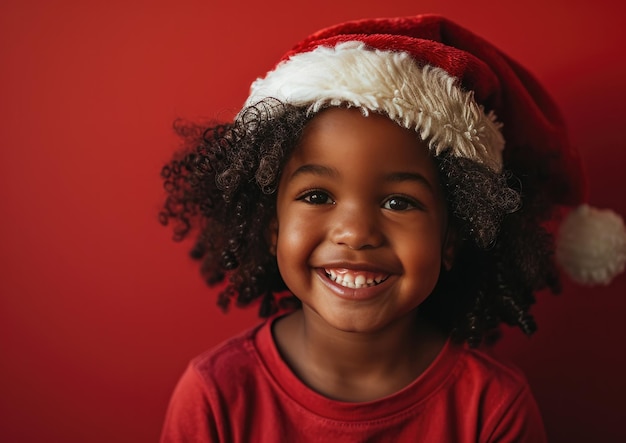 Felice bambino afroamericano che indossa il cappello di Babbo Natale sullo sfondo di Natale