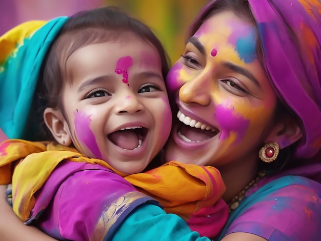 Felice bambino carino con la madre durante le vacanze di Holi bellissimo ritratto di famiglia durante le festività di Holi