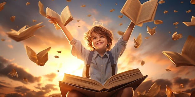 Felice bambino carino e laborioso sta volando sullo sfondo di un libro e di un cielo al tramonto