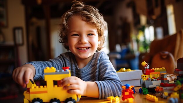 Felice bambino europeo che si diverte a giocare con il costruttore di mattoni giocattolo a casa Attività creativa di carta da parati per bambini concetto spazio di copia per il testo