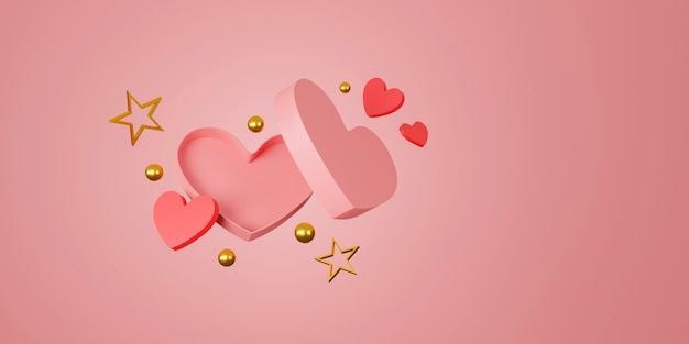 Felice banner di San Valentino. cuore, regalo e scatola su sfondo rosa. spazio per il testo. Illustrazione 3D