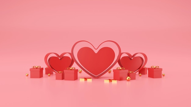 Felice banner di San Valentino. cuore, regalo e scatola su sfondo rosa. spazio per il testo. Illustrazione 3D