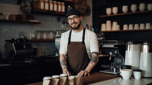 Felice barista maschio che indossa un grembiule in piedi accanto al bancone di un bar Generative AI AIG21