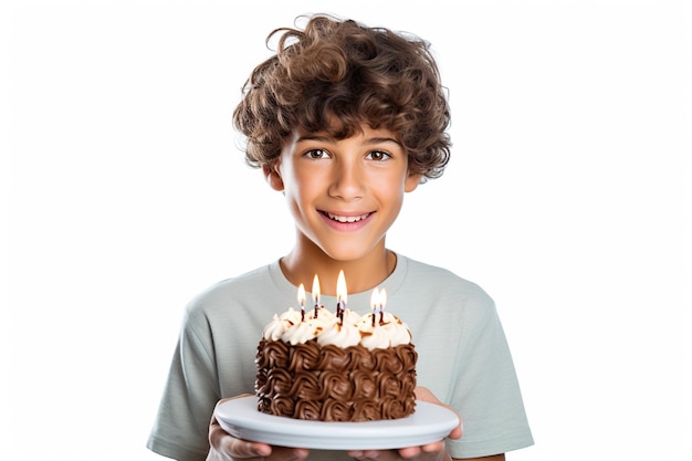 Felice bel ragazzo che tiene la torta di compleanno con candele isolate su sfondo bianco pulito