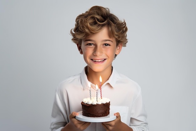 Felice bel ragazzo che tiene la torta di compleanno con candele isolate su sfondo bianco pulito