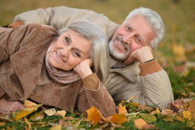 Felice bella coppia senior nel parco autunnale