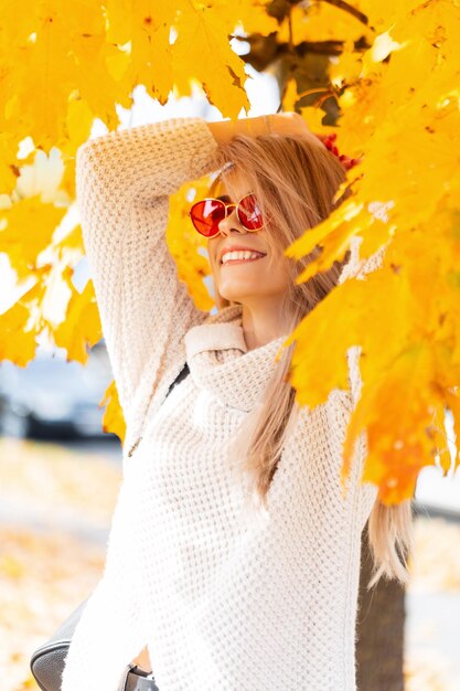 Felice bella giovane donna con un sorriso in un maglione vintage alla moda si rilassa e si gode il tempo nel fogliame autunnale giallo brillante in un colorato parco autunnale
