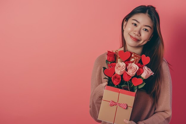 felice bellissima donna asiatica tiene una scatola regalo rossa e rosa per il giorno di San Valentino