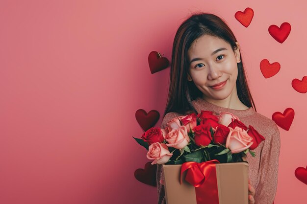 felice bellissima donna asiatica tiene una scatola regalo rossa e rosa per il giorno di San Valentino