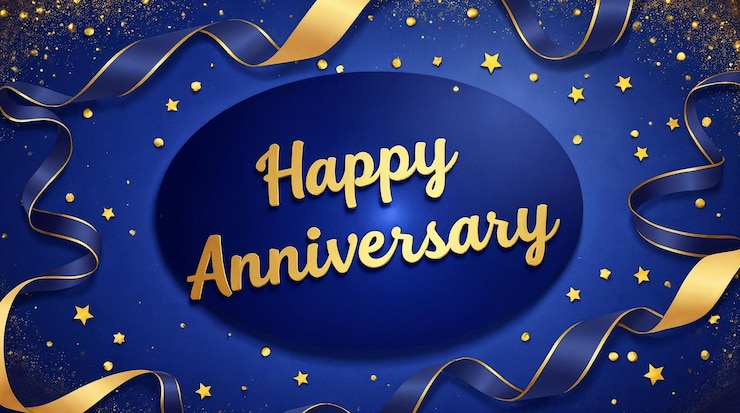 Foto felice biglietto d'anniversario con decorazioni blu e oro