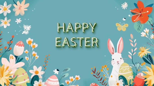 Felice biglietto di auguri di Pasqua con fiori disegnati a mano uova di Pasqua e conigli su sfondo blu con c