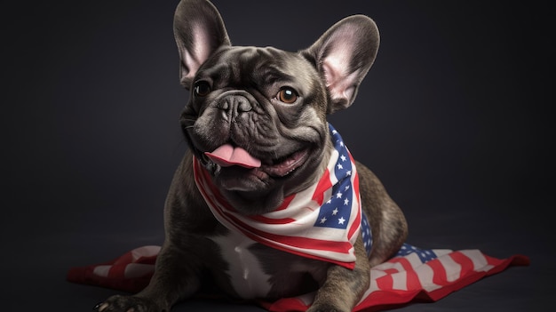 Felice bulldog francese con bandiera USA 4 luglio con tecnologia generativa AI