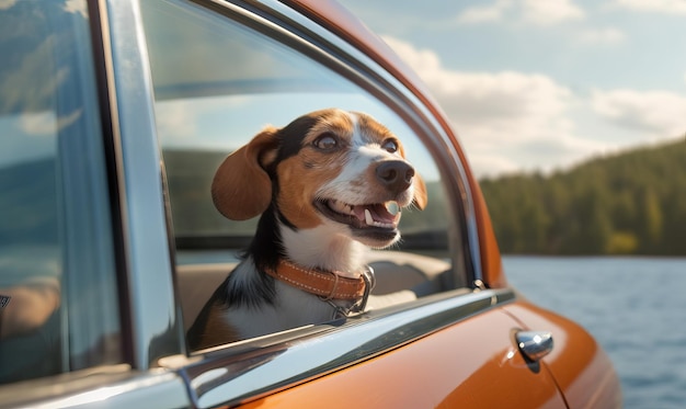 Felice cane beagle in auto in riva al lago