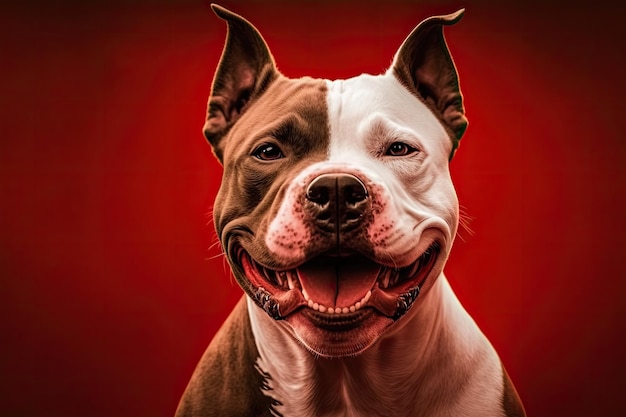 Felice cane bullo americano sorridente in una foto Si distingue su uno sfondo rosso