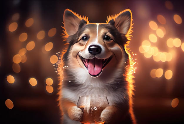 Felice cane Corgi con bicchiere di vino tostato in festa e bokeh dorato sfondo chiaro Concetto di animale e animale domestico Illustrazione di arte digitale AI generativa