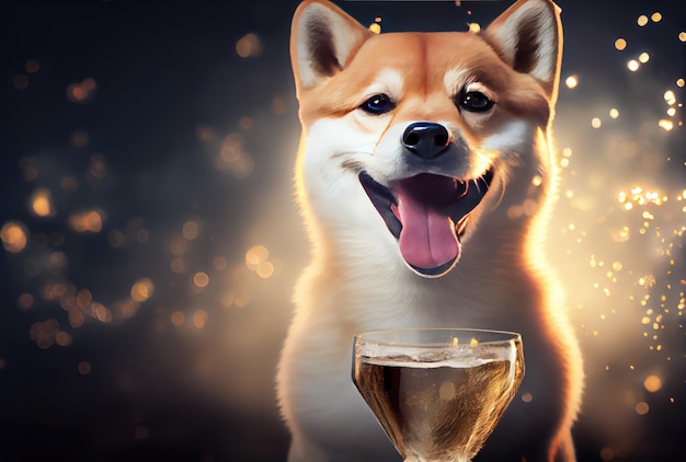 Felice cane Shiba Inu con bicchiere di vino tostato in festa e bokeh dorato sfondo chiaro Concetto di animale e animale domestico Illustrazione di arte digitale AI generativa